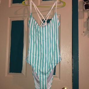 Striped green and white strappy bathing suit